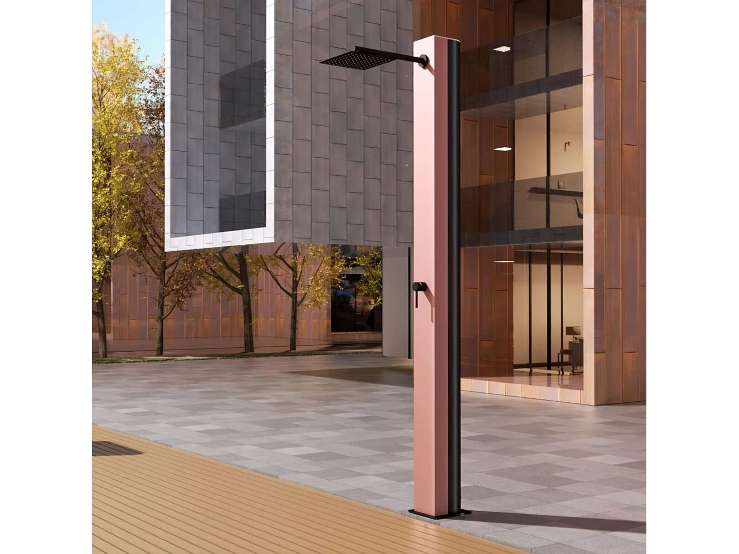 Douche de piscine Phoénix en Acier Inox.S316 Rose Corail - Solaire – Tête 25x25cm /Corps 20x20cm/H.2,21m – POOLIMEX