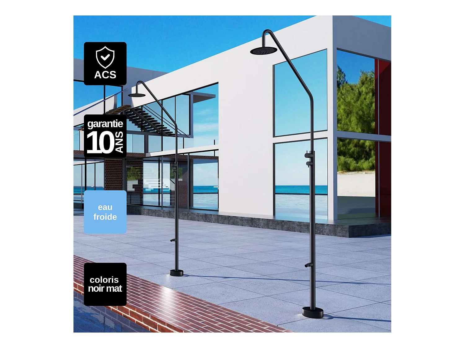 Douche de piscine Dakota en Acier Inox.S316 Noir Mat – Tête Ø25cm /Corps Ø42mm/H. 2,32m – Garantie 10 ans - POOLIMEX