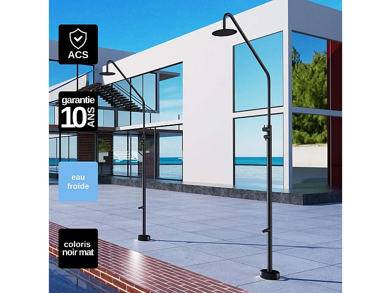 Douche de piscine Dakota en Acier Inox.S316 Noir Mat – Tête Ø25cm /Corps Ø42mm/H. 2,32m – Garantie 10 ans - POOLIMEX