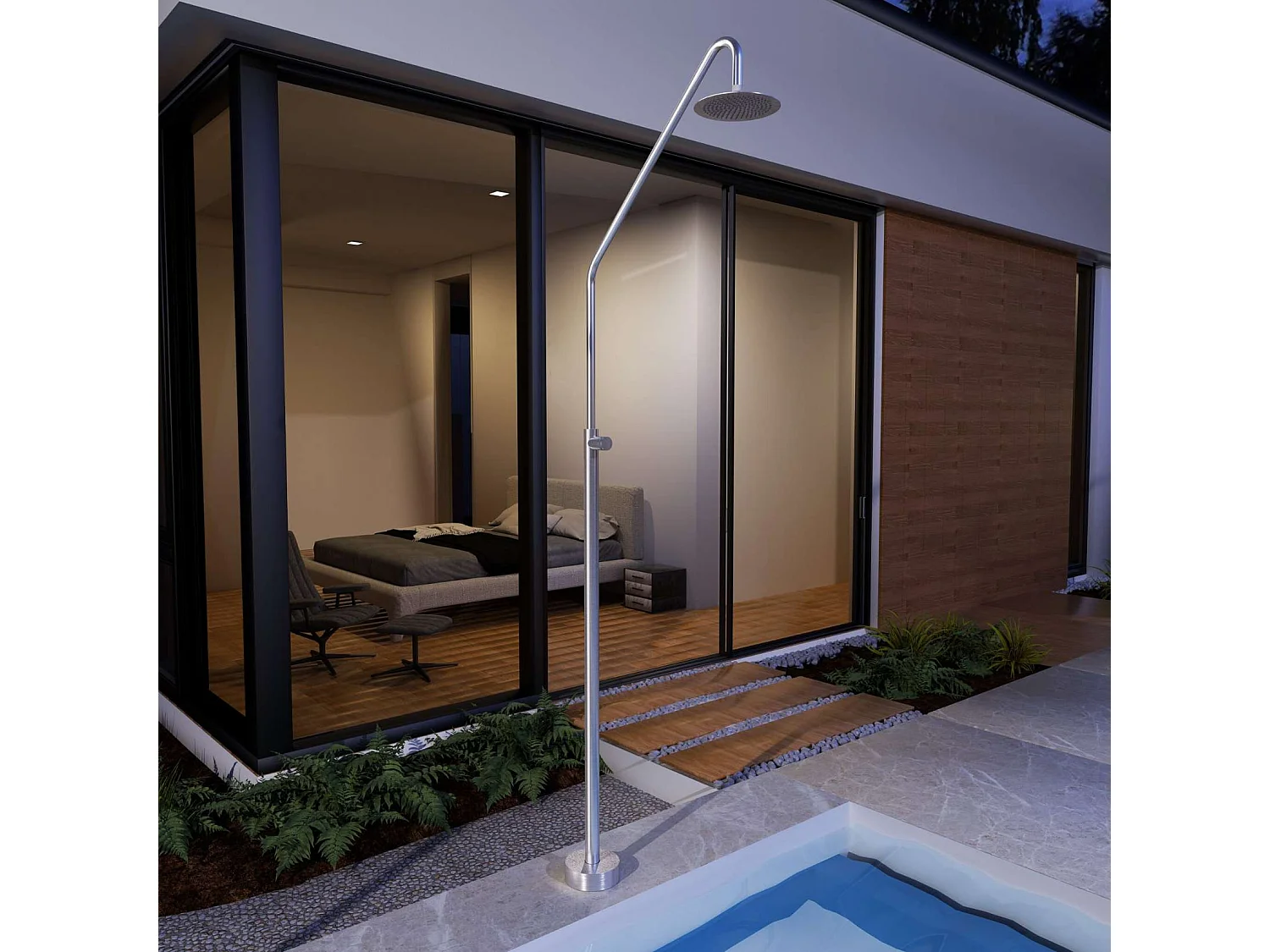 Douche de piscine Alaska en Acier Inox.S316 – Tête Ø25cm /Corps Ø42mm/H. 2,25m – Garantie 10 ans - POOLIMEX