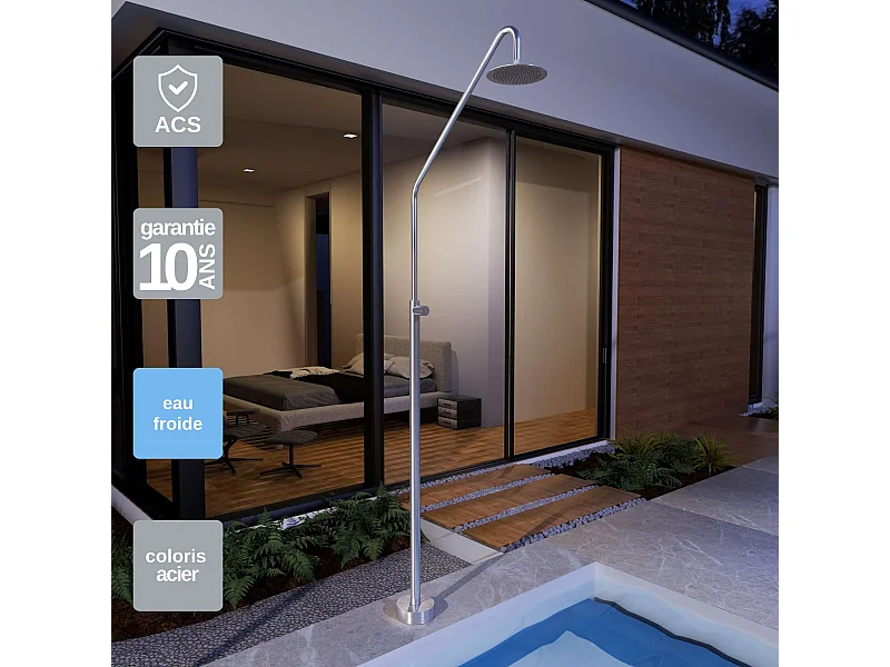Douche de piscine Alaska en Acier Inox.S316 – Tête Ø25cm /Corps Ø42mm/H. 2,25m – Garantie 10 ans - POOLIMEX