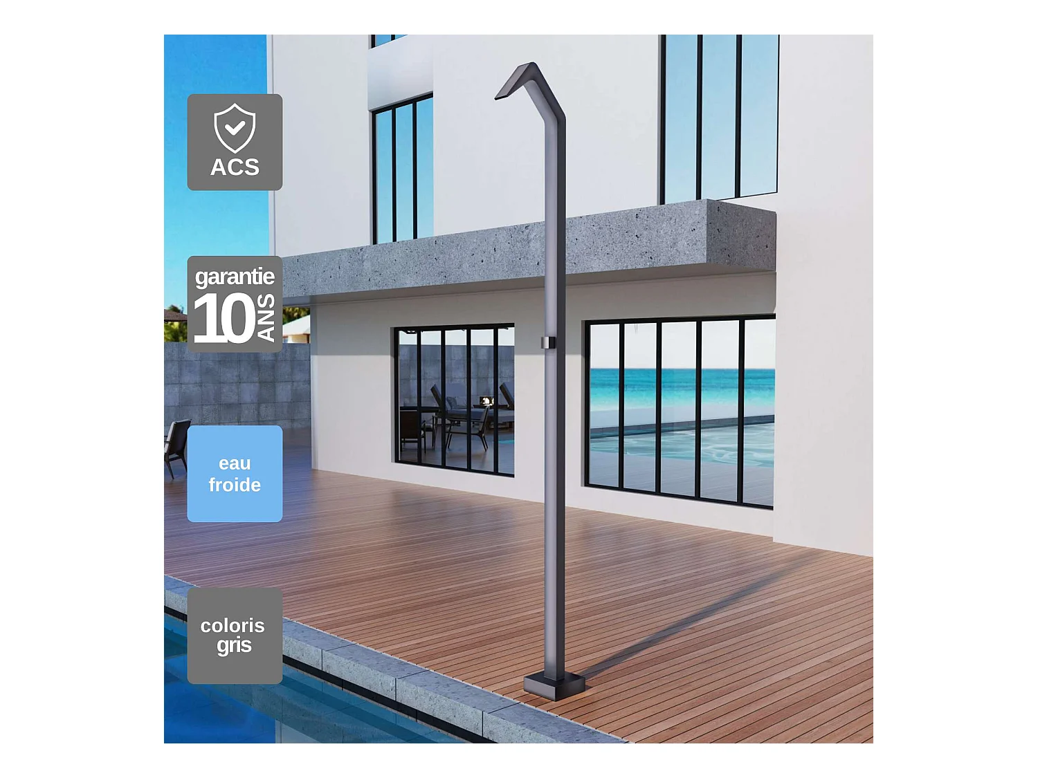 Douche de piscine Niagara en Acier Inox.S316 Gris Cobalt – Tête 60x45mm /Corps 60x45mm/H. 2,18m – Garantie 10 ans - POOLIMEX