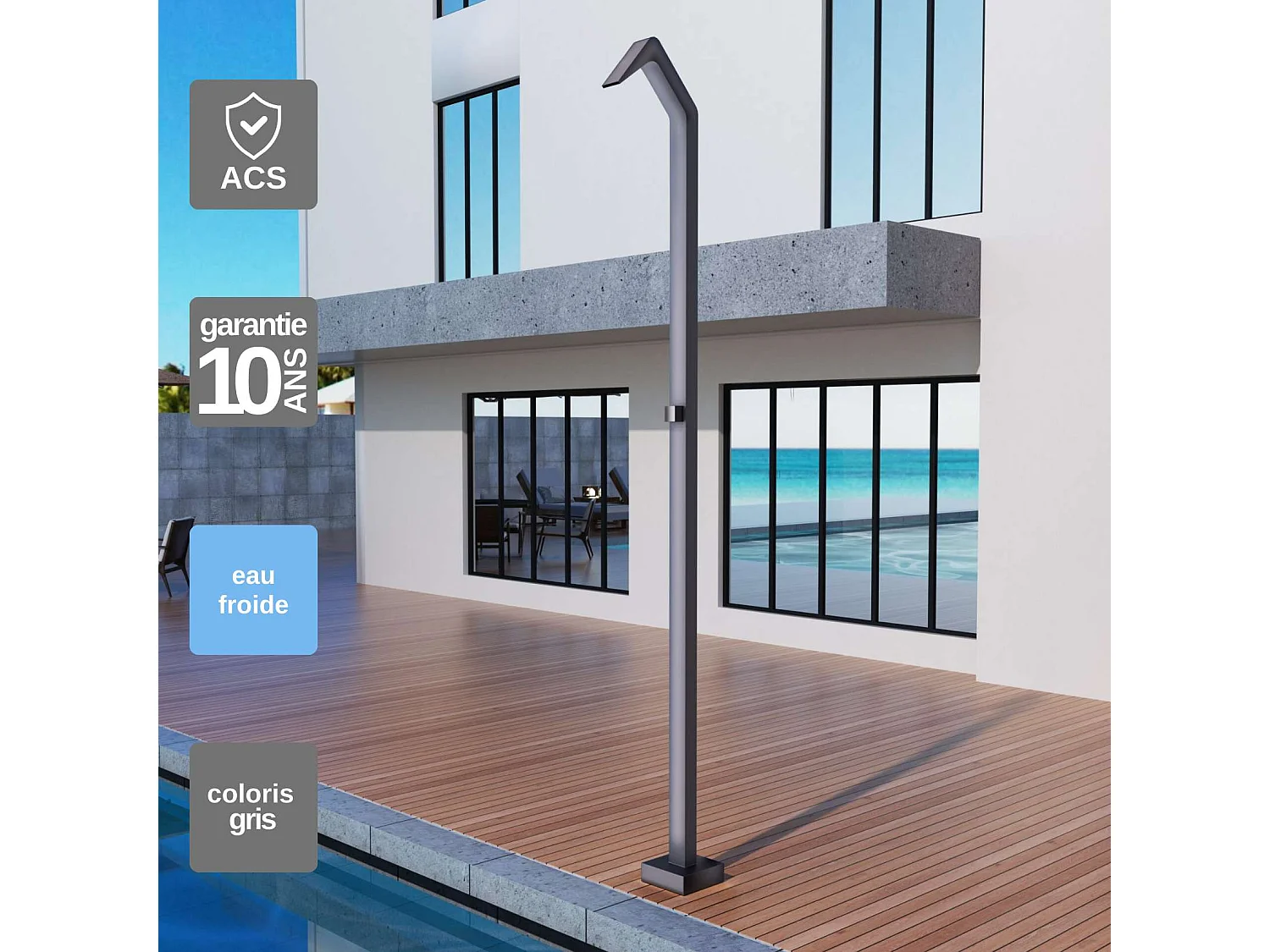 Douche de piscine Niagara en Acier Inox.S316 Gris Cobalt – Tête 60x45mm /Corps 60x45mm/H. 2,18m – Garantie 10 ans - POOLIMEX