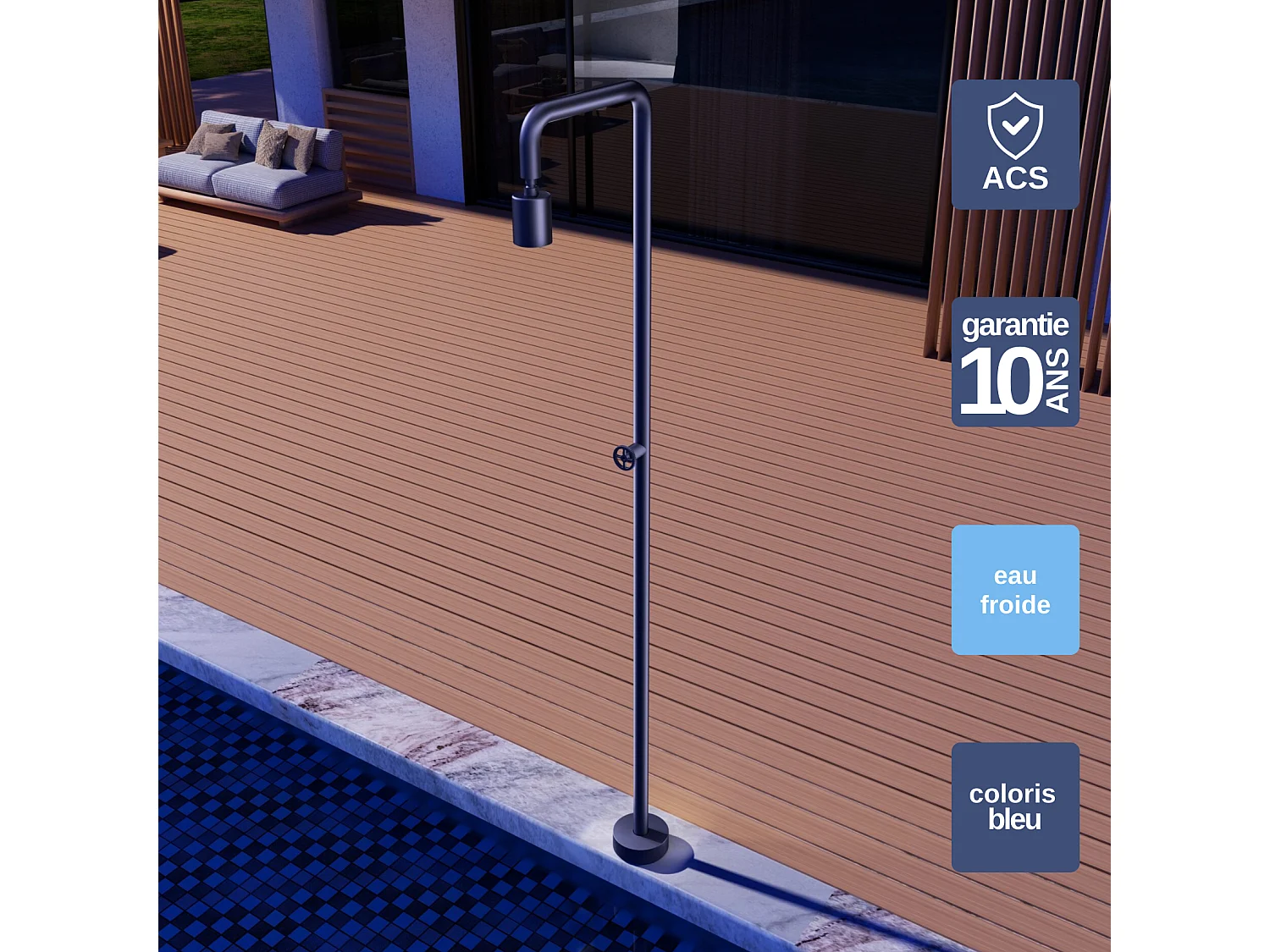 Douche de piscine Pool en Acier Inox.S316  Bleu Océan – Tête Ø80mm /Corps Ø42mm/H. 2,36m – Garantie 10 ans - POOLIMEX