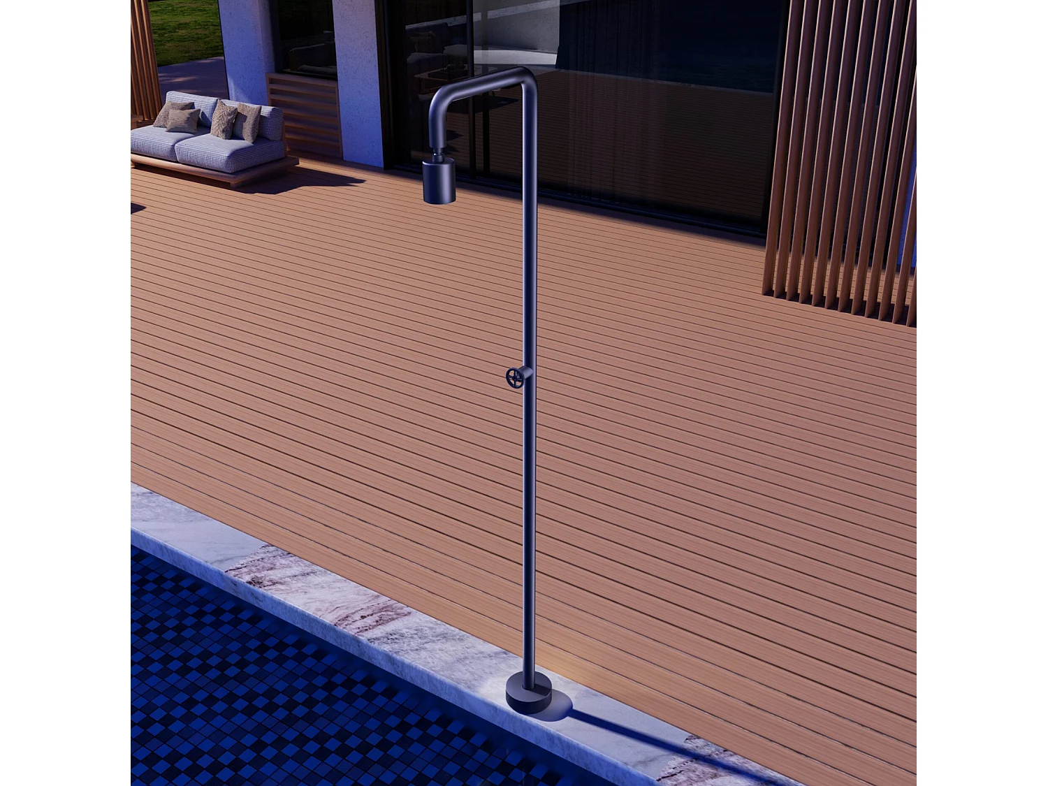 Douche de piscine Pool en Acier Inox.S316  Bleu Océan – Tête Ø80mm /Corps Ø42mm/H. 2,36m – Garantie 10 ans - POOLIMEX