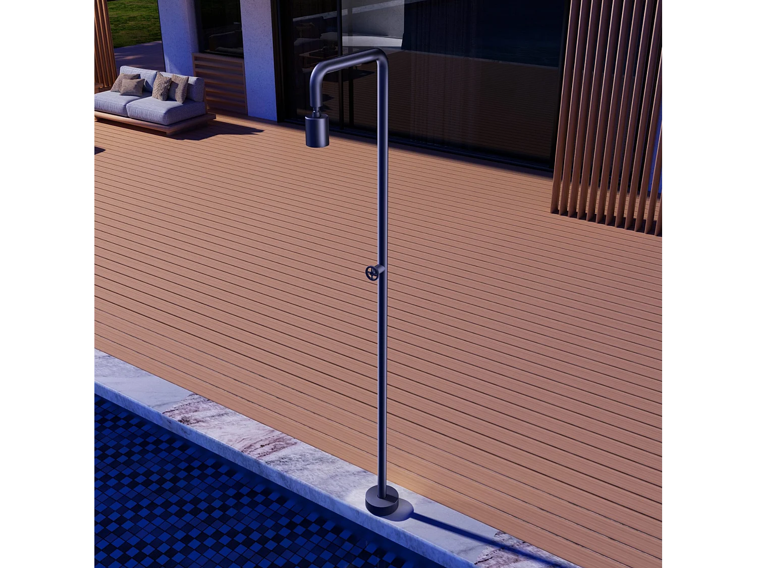 Douche de piscine Pool en Acier Inox.S316  Bleu Océan – Tête Ø80mm /Corps Ø42mm/H. 2,36m – Garantie 10 ans - POOLIMEX