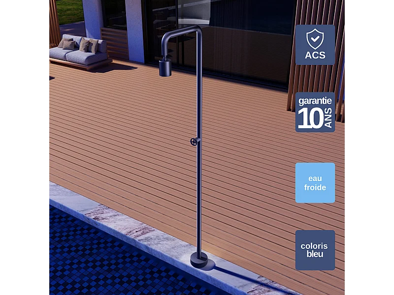 Douche de piscine Pool en Acier Inox.S316  Bleu Océan – Tête Ø80mm /Corps Ø42mm/H. 2,36m – Garantie 10 ans - POOLIMEX