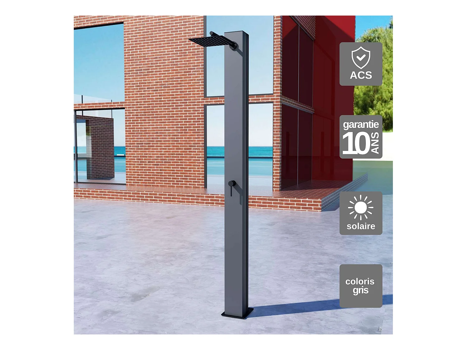 Douche de piscine Phoénix en Acier Inox.S316 Gris Cobalt - Solaire – Tête 25x25cm /Corps 20x20cm/H.2,21m – POOLIMEX