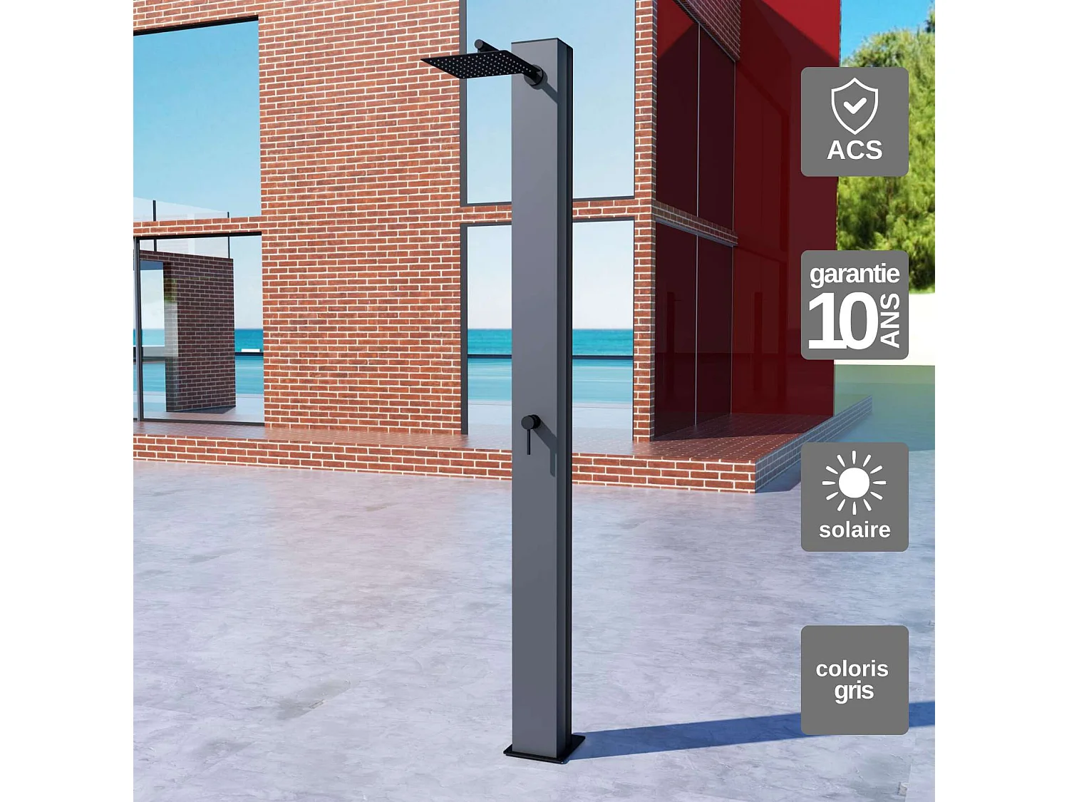 Douche de piscine Phoénix en Acier Inox.S316 Gris Cobalt - Solaire – Tête 25x25cm /Corps 20x20cm/H.2,21m – POOLIMEX