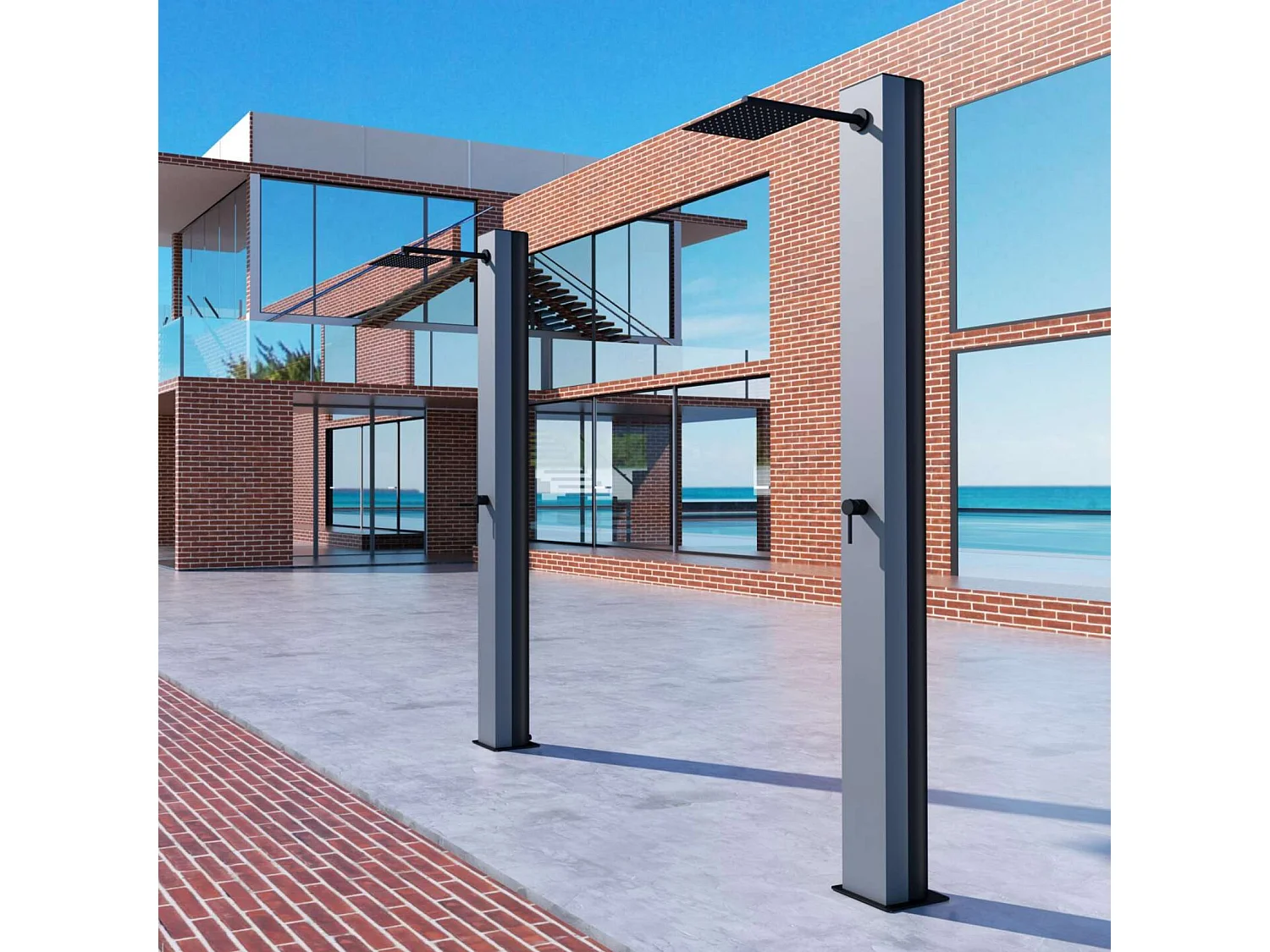 Douche de piscine Phoénix en Acier Inox.S316 Gris Cobalt - Solaire – Tête 25x25cm /Corps 20x20cm/H.2,21m – POOLIMEX