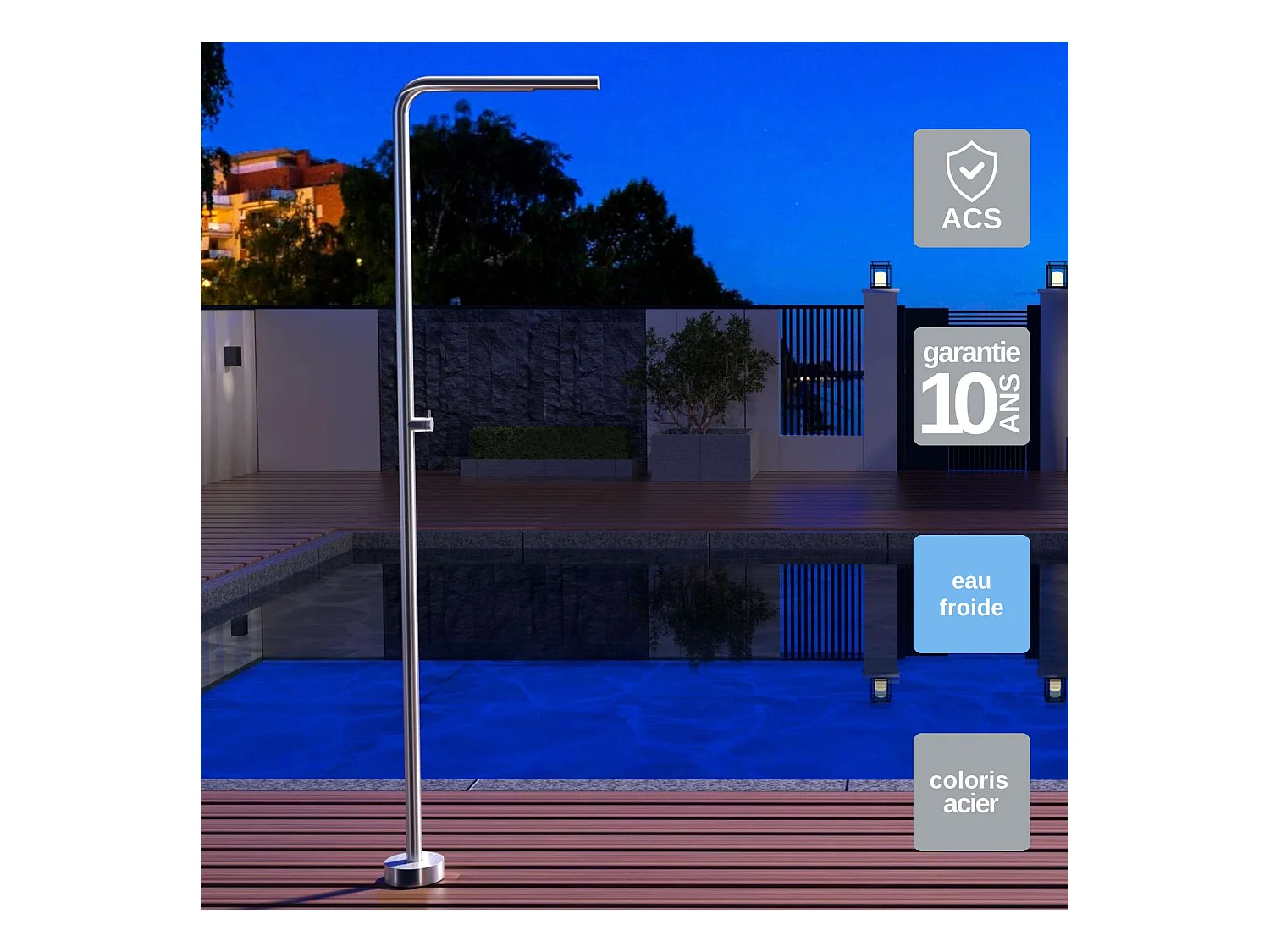 Douche de piscine Texas en Acier Inox.S316 – Tête Ø42mm /Corps Ø42mm/H. 2,20m – Garantie 10 ans - POOLIMEX