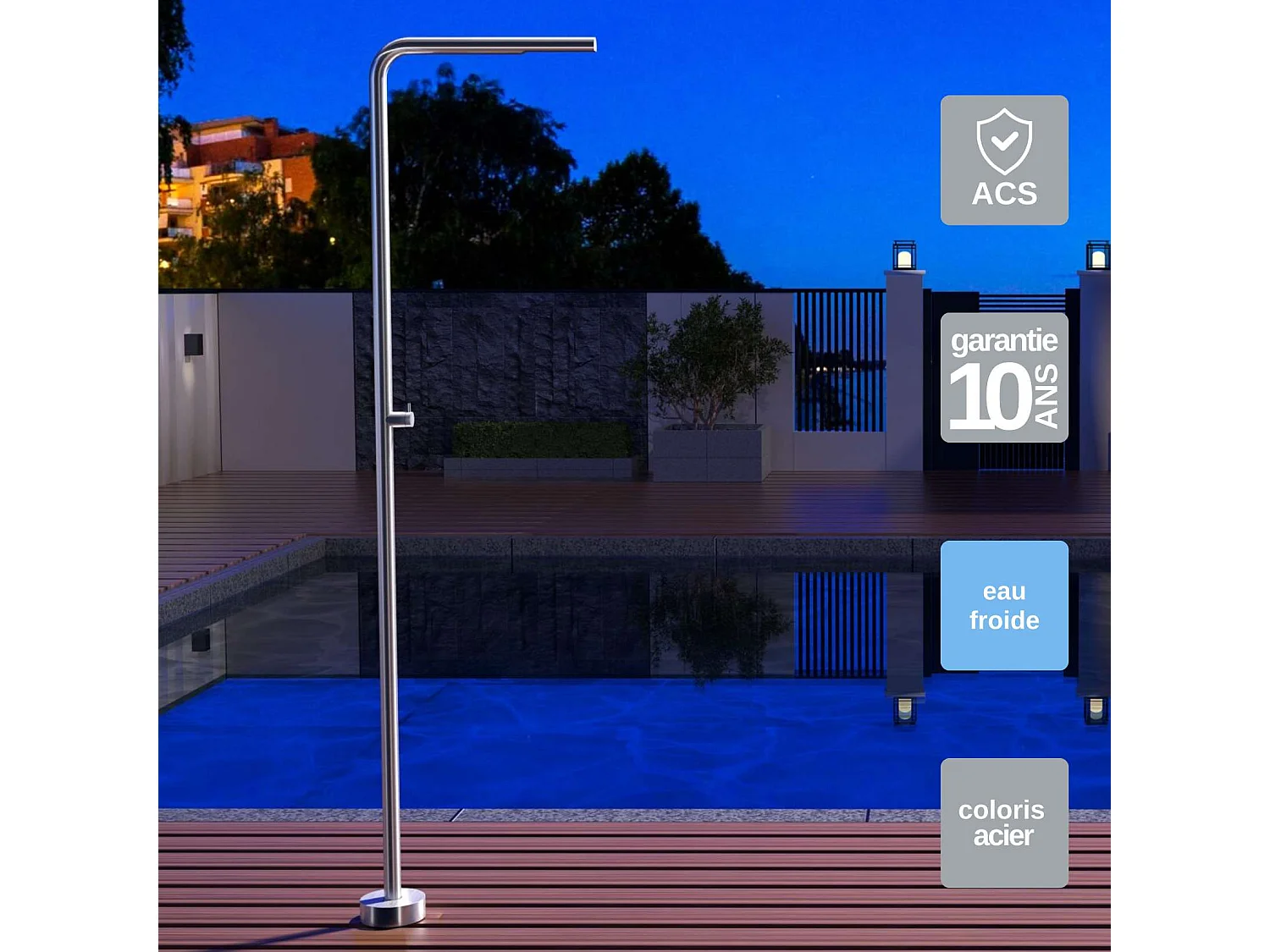 Douche de piscine Texas en Acier Inox.S316 – Tête Ø42mm /Corps Ø42mm/H. 2,20m – Garantie 10 ans - POOLIMEX