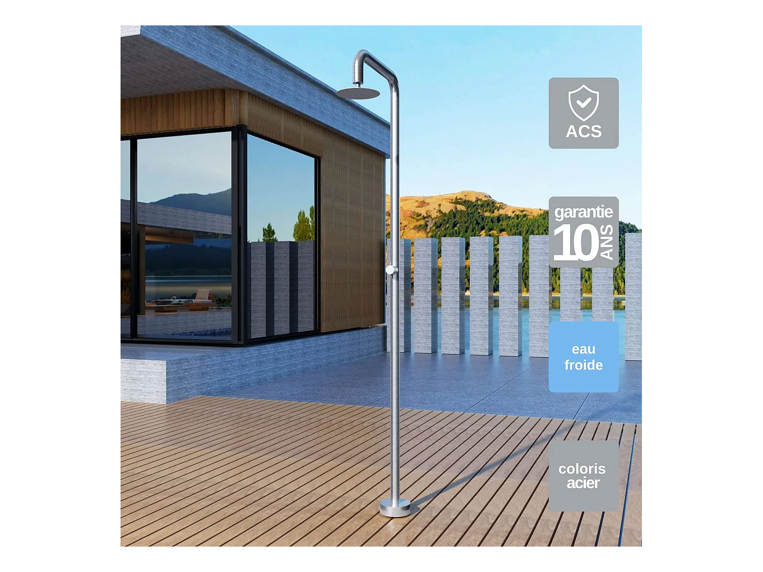 Douche de piscine Oregon en Acier Inox.S316 – Tête Ø25cm /Corps Ø50mm/H. 2,34m – Garantie 10 ans - POOLIMEX