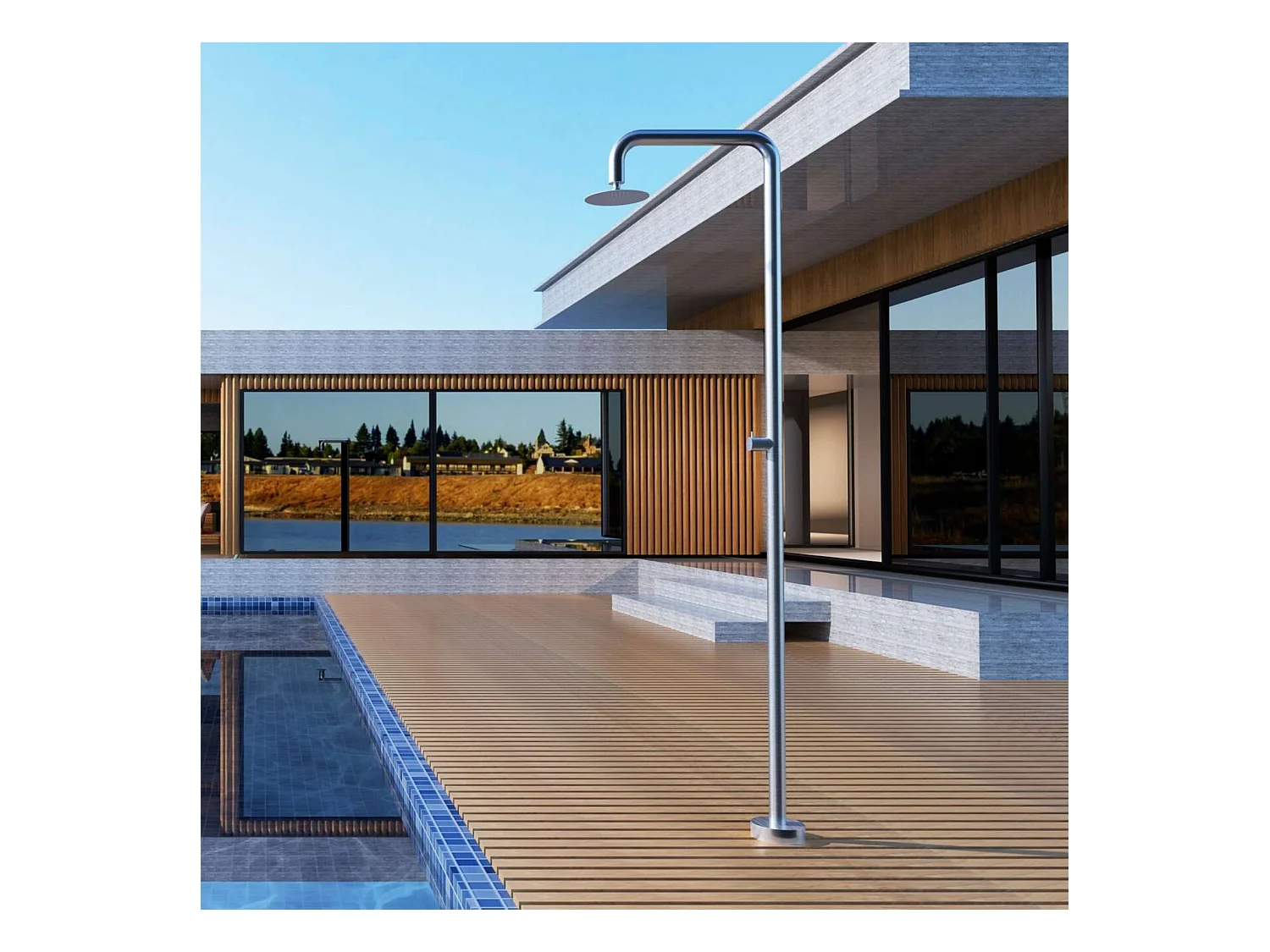 Douche de piscine Oregon en Acier Inox.S316 – Tête Ø25cm /Corps Ø50mm/H. 2,34m – Garantie 10 ans - POOLIMEX