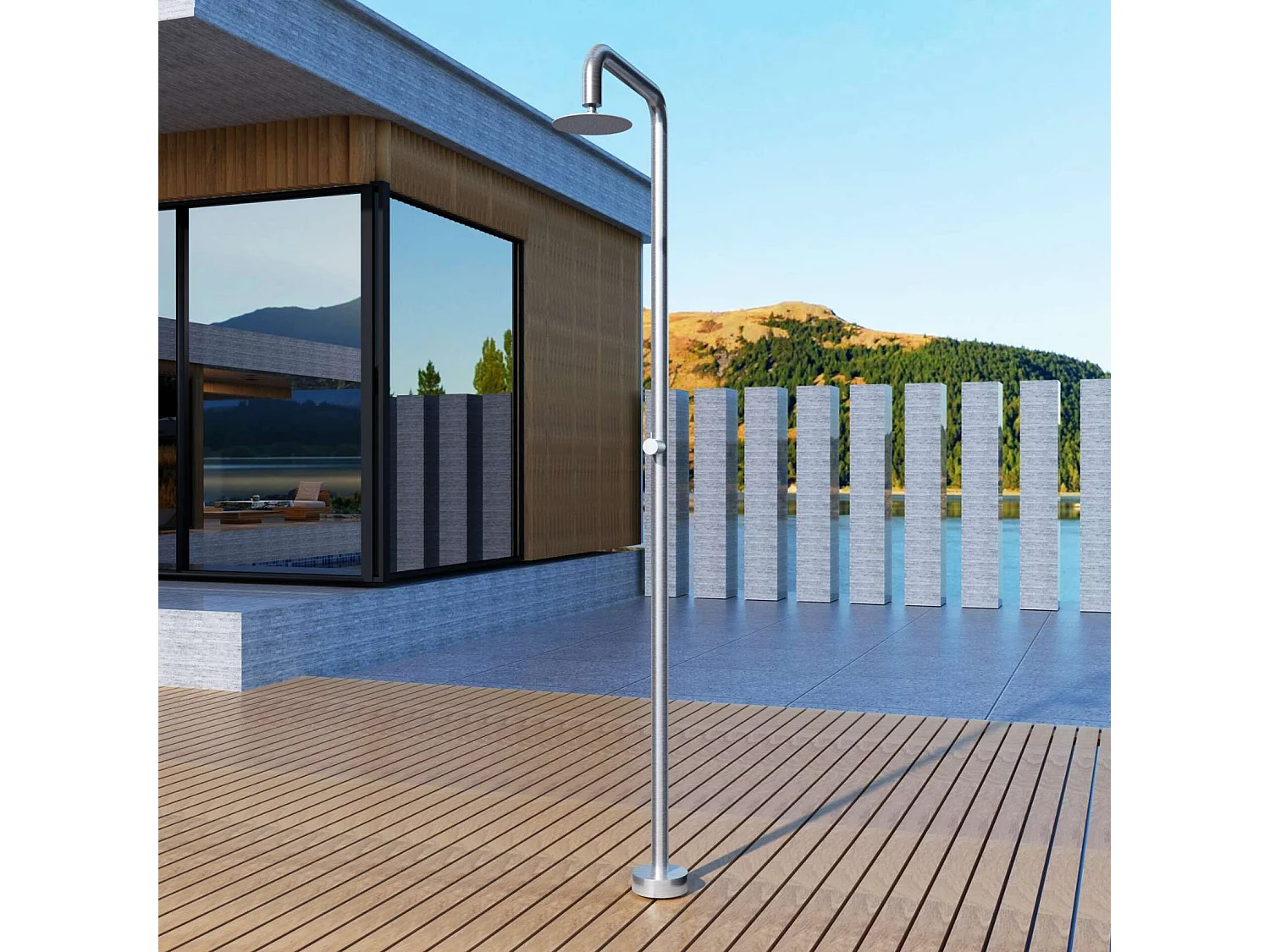 Douche de piscine Oregon en Acier Inox.S316 – Tête Ø25cm /Corps Ø50mm/H. 2,34m – Garantie 10 ans - POOLIMEX