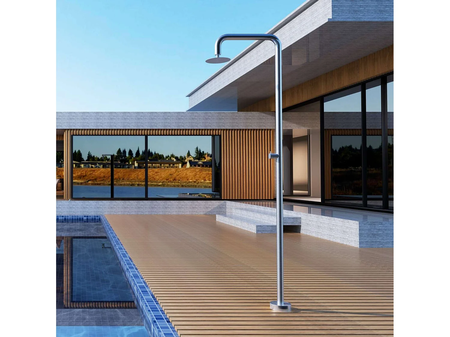 Douche de piscine Oregon en Acier Inox.S316 – Tête Ø25cm /Corps Ø50mm/H. 2,34m – Garantie 10 ans - POOLIMEX