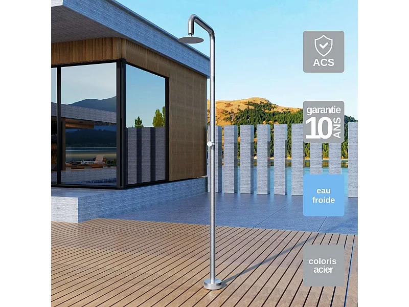 Douche de piscine Oregon en Acier Inox.S316 – Tête Ø25cm /Corps Ø50mm/H. 2,34m – Garantie 10 ans - POOLIMEX