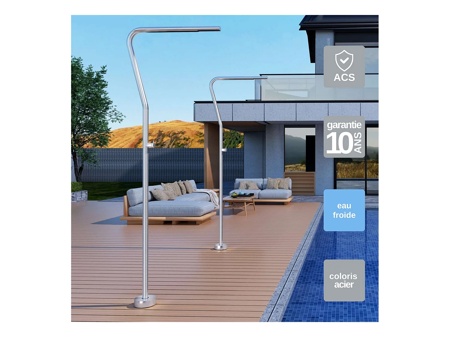 Douche de piscine Nevada en Acier Inox.S316 – Tête Ø42mm /Corps Ø42mm/H. 2,18m – Garantie 10 ans - POOLIMEX