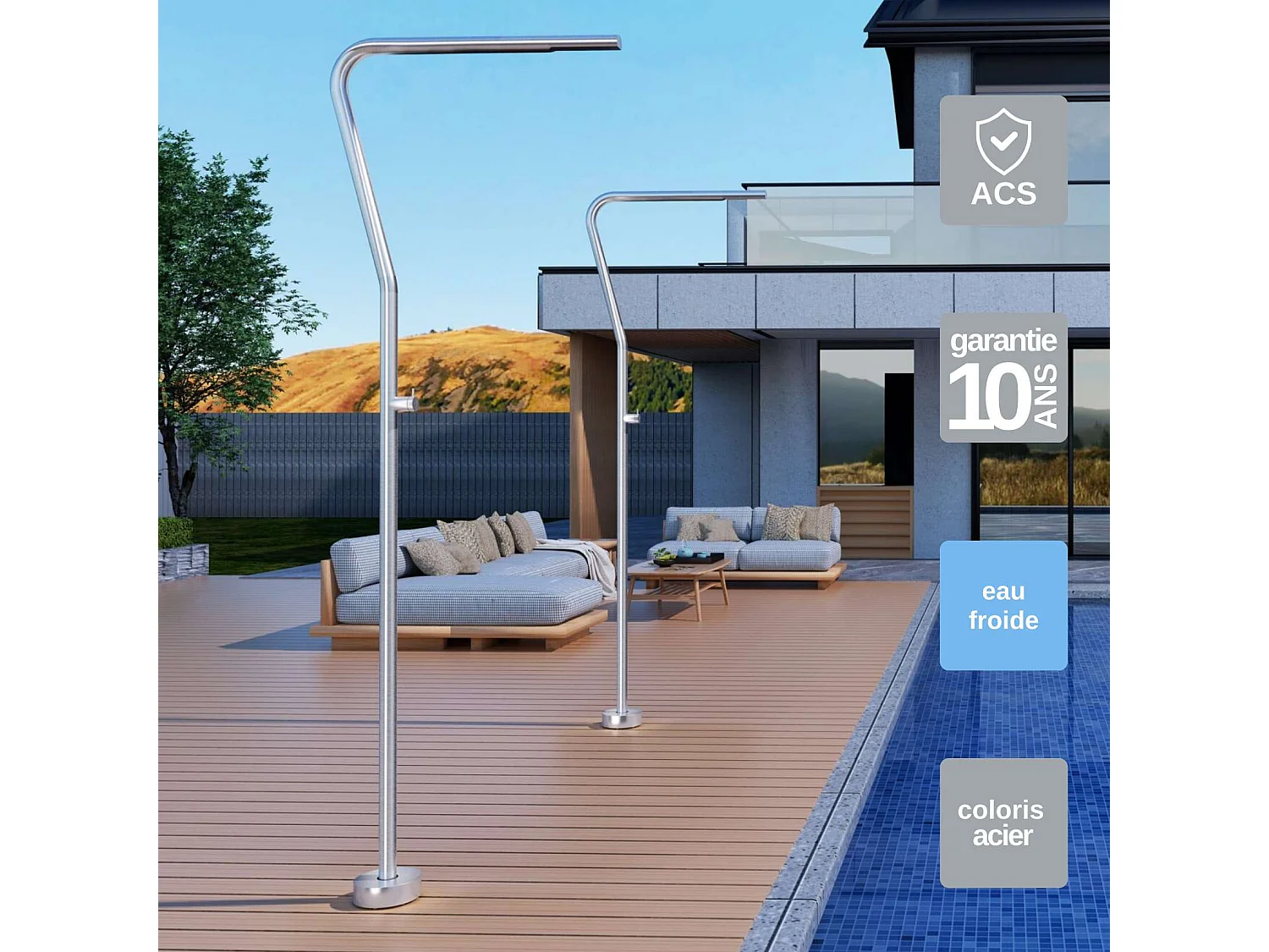 Douche de piscine Nevada en Acier Inox.S316 – Tête Ø42mm /Corps Ø42mm/H. 2,18m – Garantie 10 ans - POOLIMEX