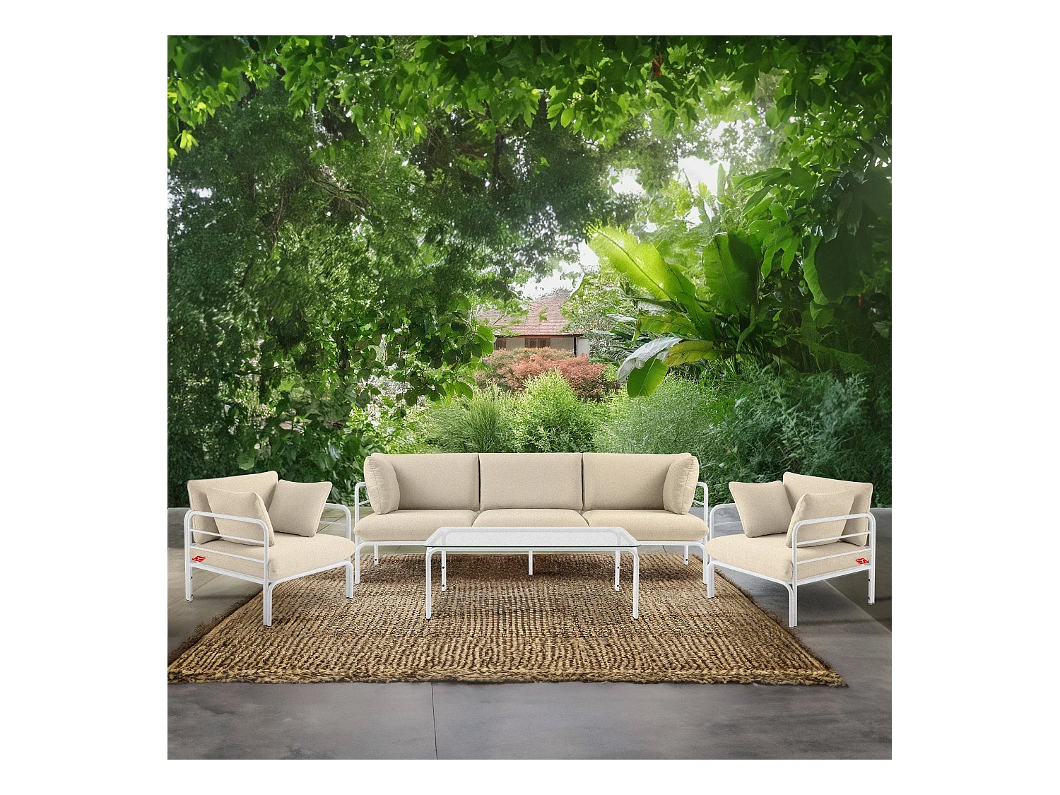 Ensemble de jardin RAMBE blanc et blanc cassé, dimensions 225x80x80 cm, parfait pour grands espaces