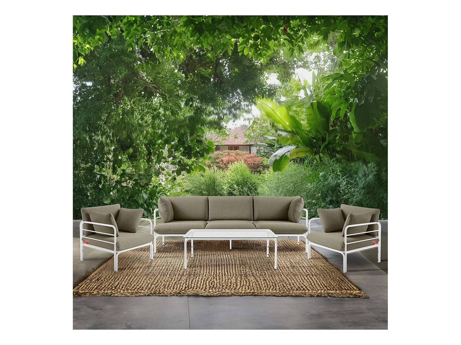 Ensemble de jardin RAMBE blanc et beige, dimensions 225x80x80 cm, idéal pour extérieur