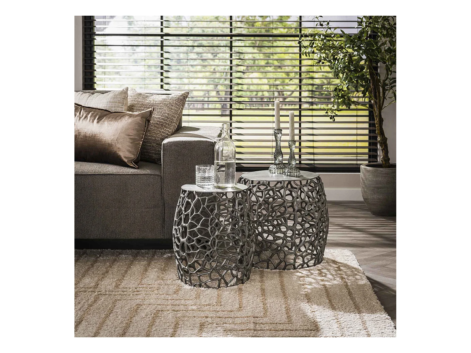 Bijzettafel Maze set van 2 - Zandgegoten - Zwart/ Grijs Nikkel