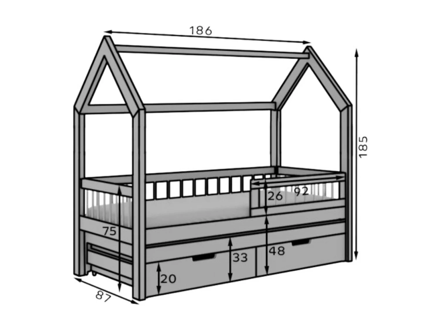Bett Andes (80x180)/Matratze inklusive/grau