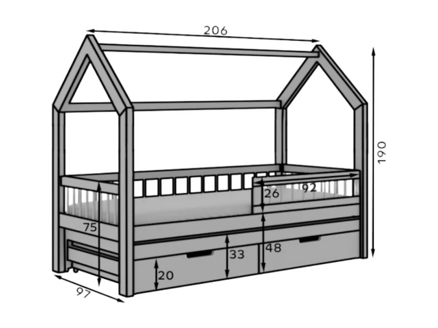 Letto Andes (90x200)/materasso incluso/grigio