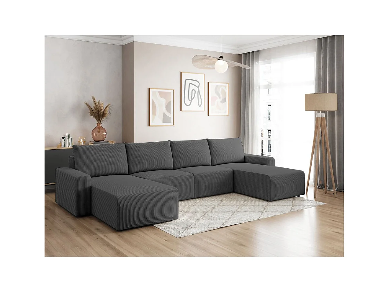 Canapé panoramique fixe 6 places ROMANE en velours côtelé - Gris