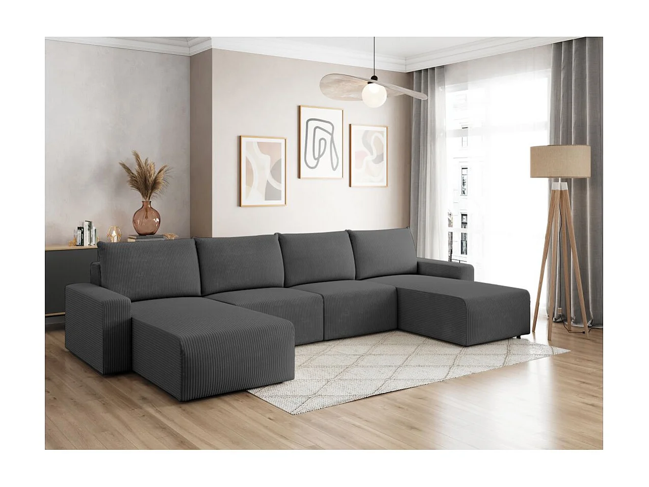 Canapé panoramique fixe 6 places ROMANE en velours côtelé - Gris