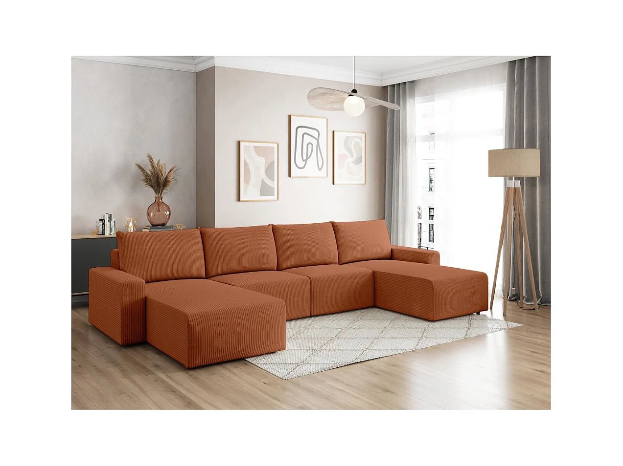 Canapé panoramique fixe 6 places ROMANE en velours côtelé - Terracotta