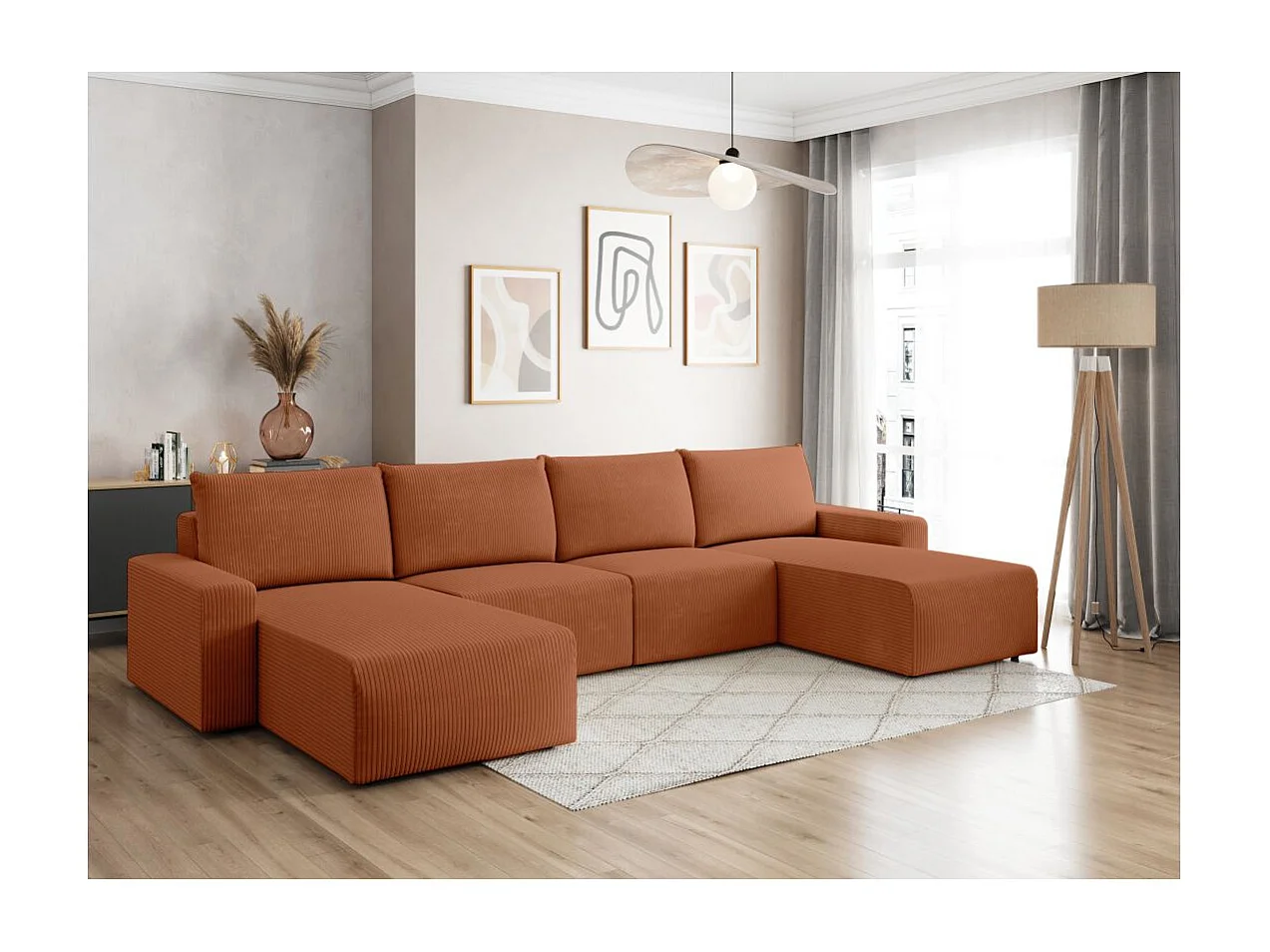Canapé panoramique fixe 6 places ROMANE en velours côtelé - Terracotta
