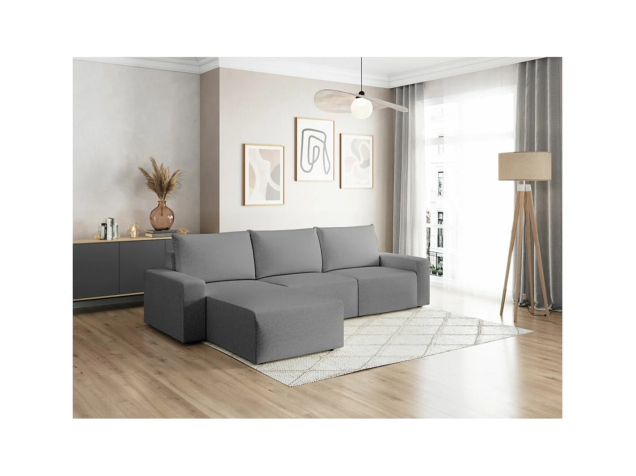 Canapé d'angle réversible 4 places ROMANE en tissu Easy Clean antitache - Gris