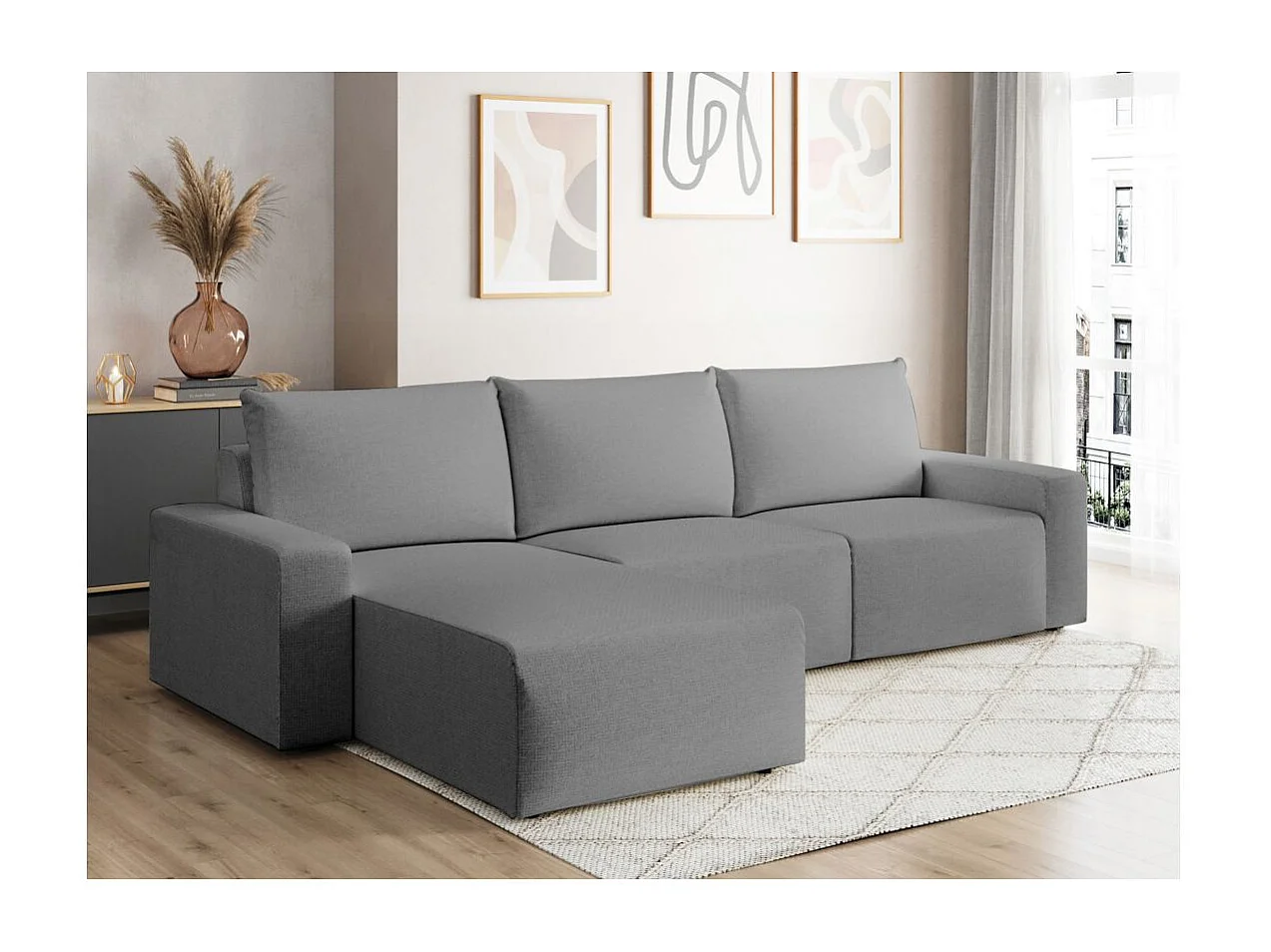 Canapé d'angle réversible 4 places ROMANE en tissu Easy Clean antitache - Gris