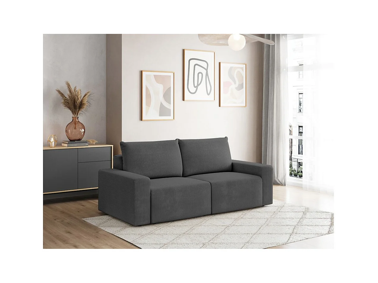 Canapé droit fixe 2 places ROMANE en velours côtelé - Gris