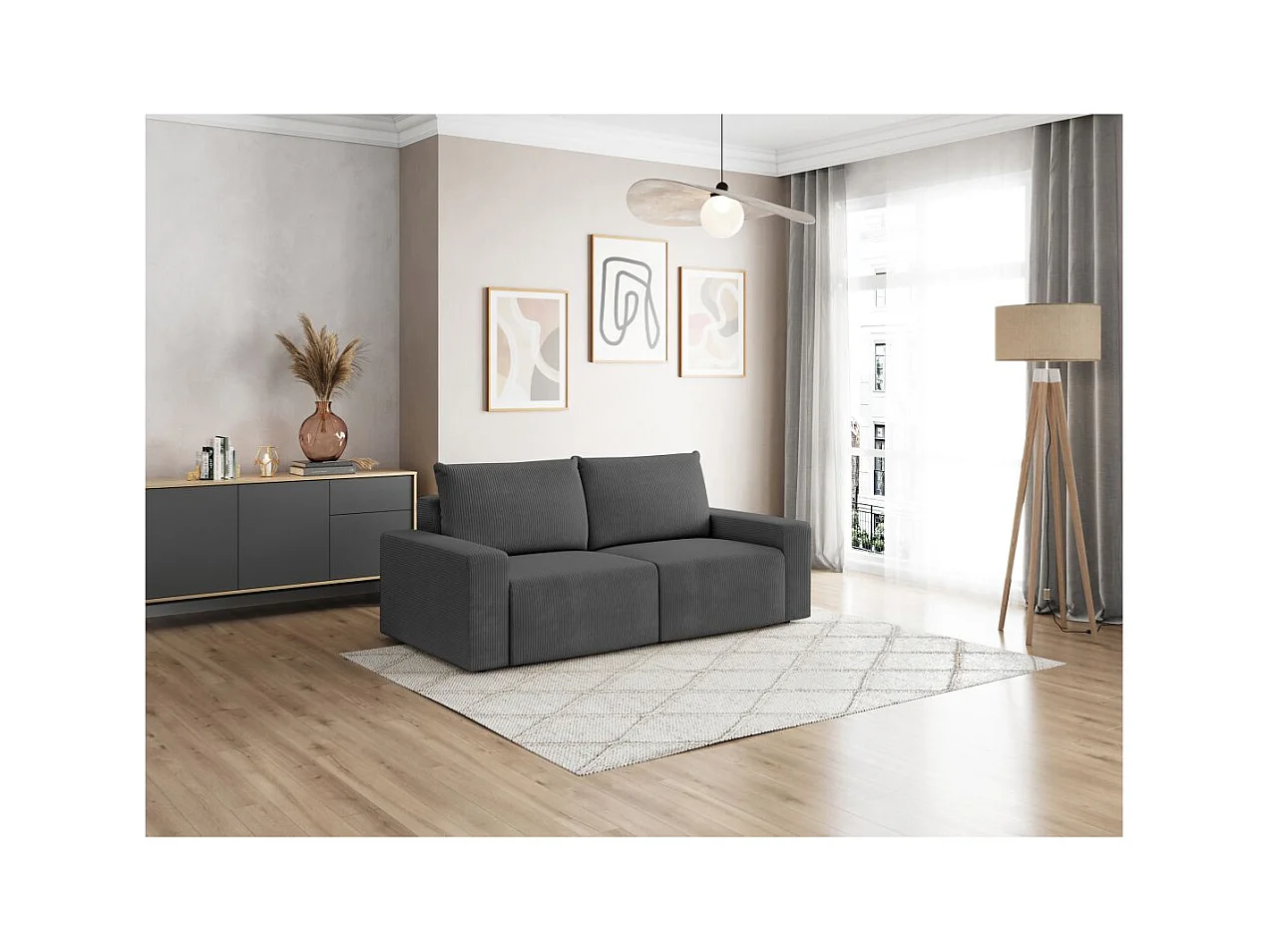 Canapé droit fixe 2 places ROMANE en velours côtelé - Gris