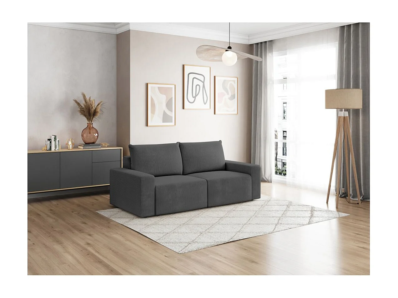 Canapé droit fixe 2 places ROMANE en velours côtelé - Gris