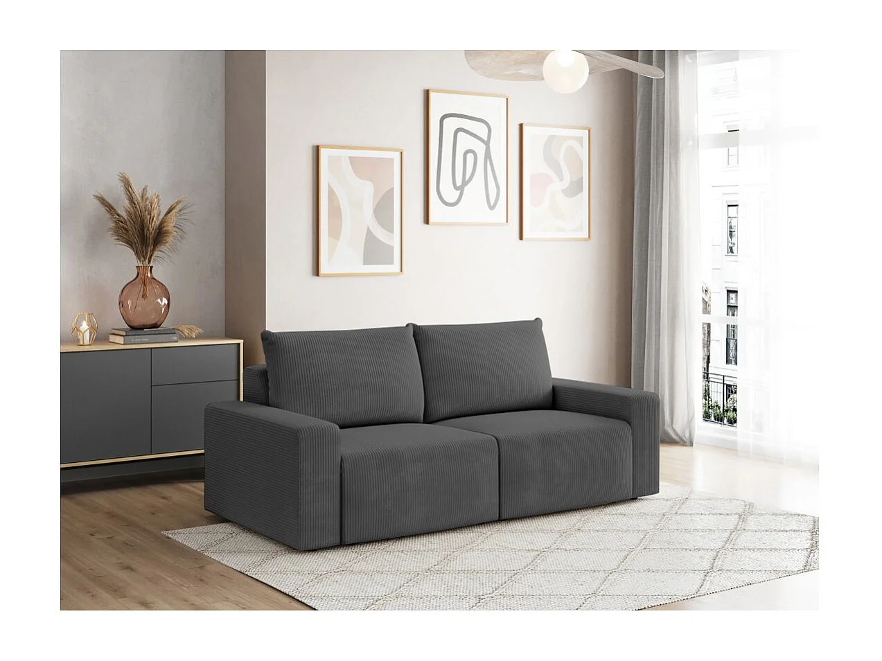 Canapé droit fixe 2 places ROMANE en velours côtelé - Gris
