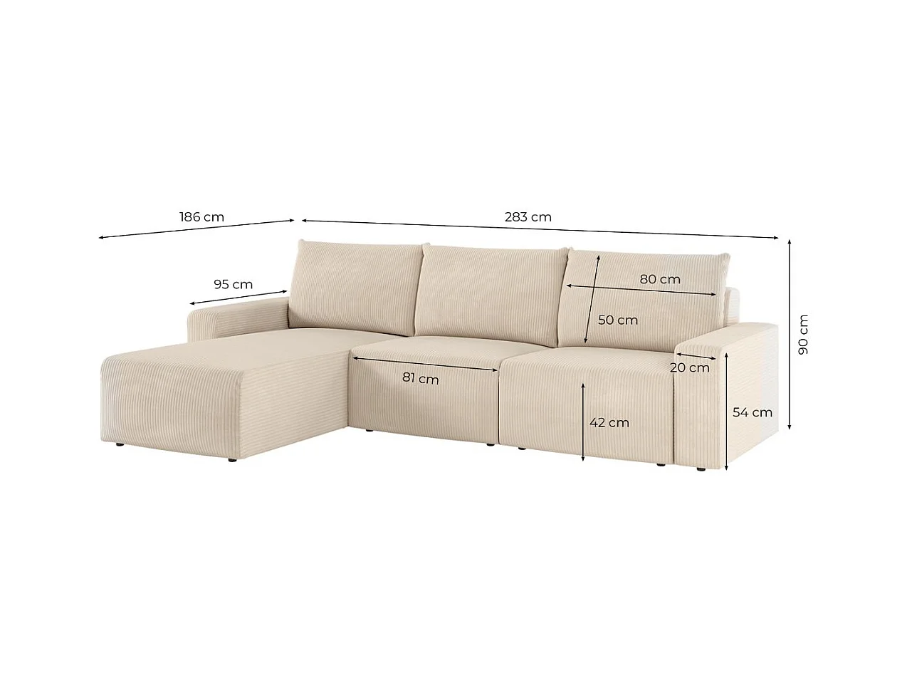 Canapé d'angle réversible 4 places ROMANE en velours côtelé - Beige