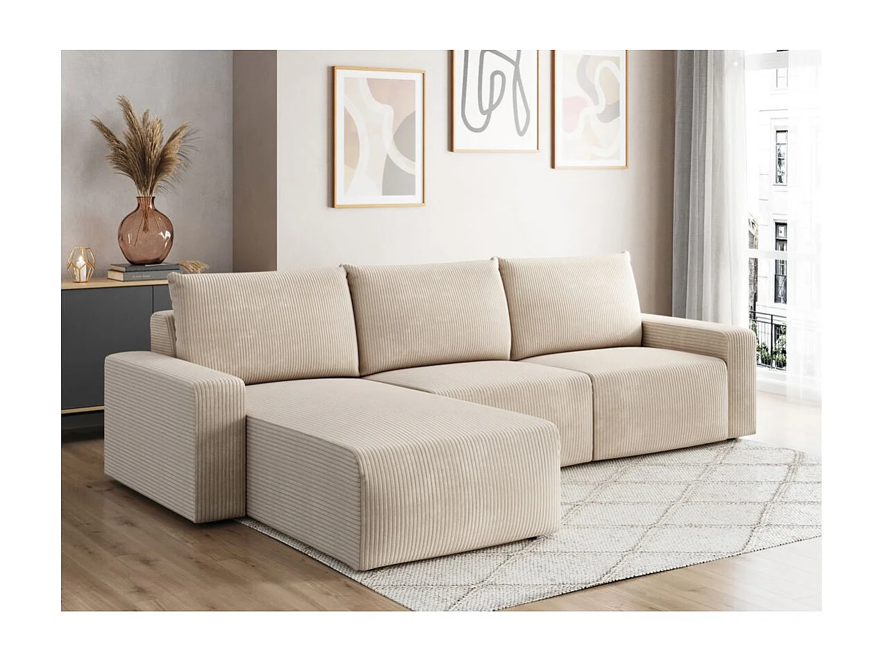 Canapé d'angle réversible 4 places ROMANE en velours côtelé - Beige