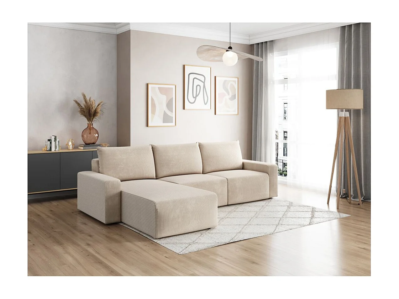 Canapé d'angle réversible 4 places ROMANE en velours côtelé - Beige