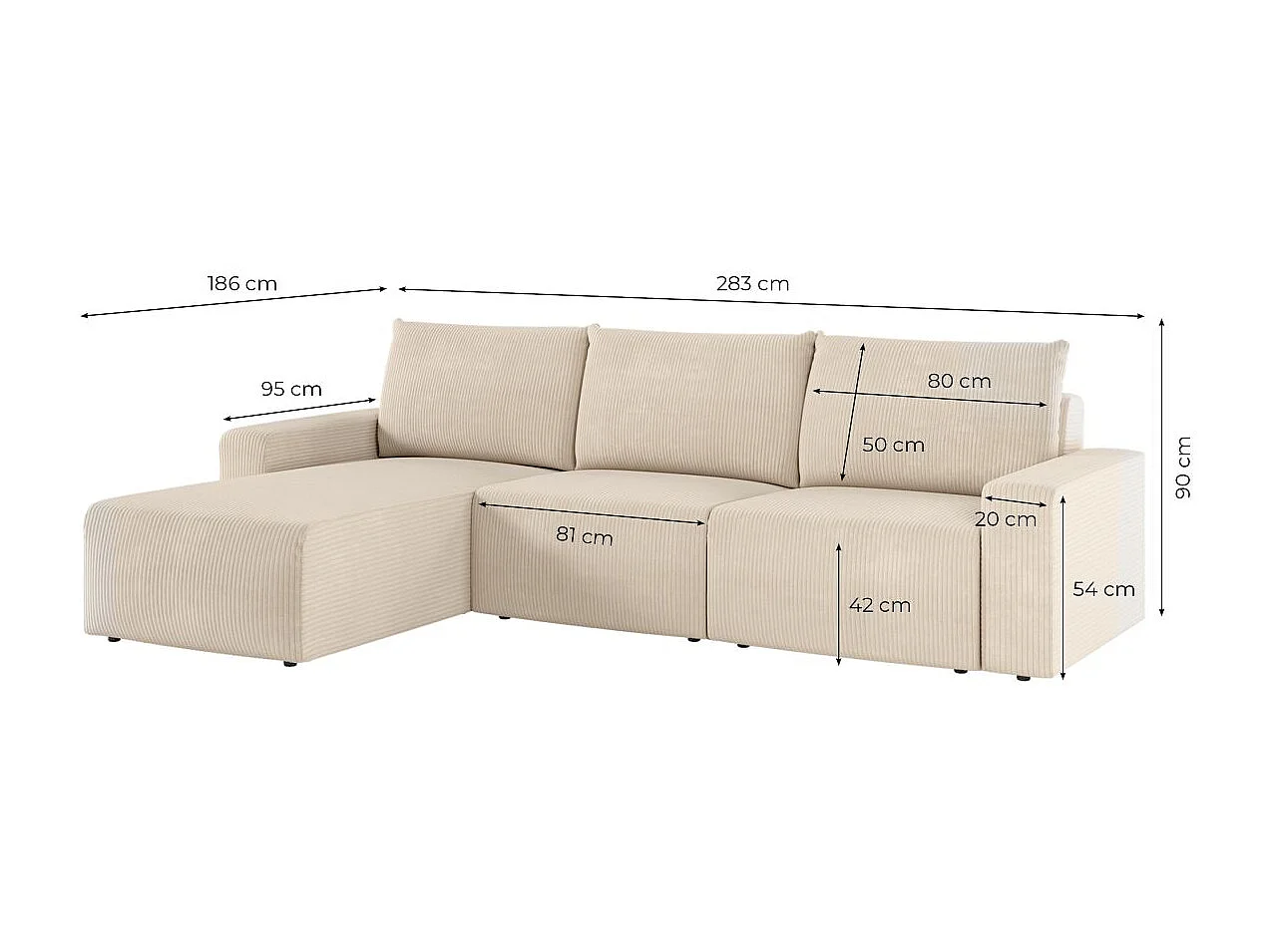 Canapé d'angle réversible 4 places ROMANE en velours côtelé - Beige