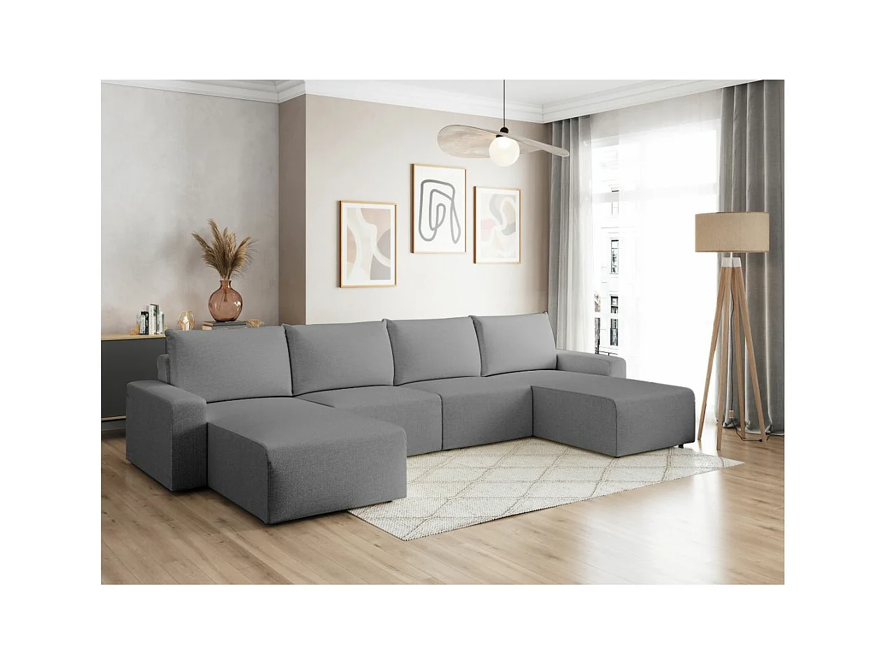 Canapé panoramique fixe 6 places ROMANE en tissu Easy Clean antitache - Gris