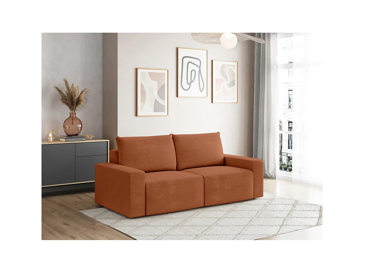 Canapé droit fixe 2 places ROMANE en velours côtelé - Terracotta