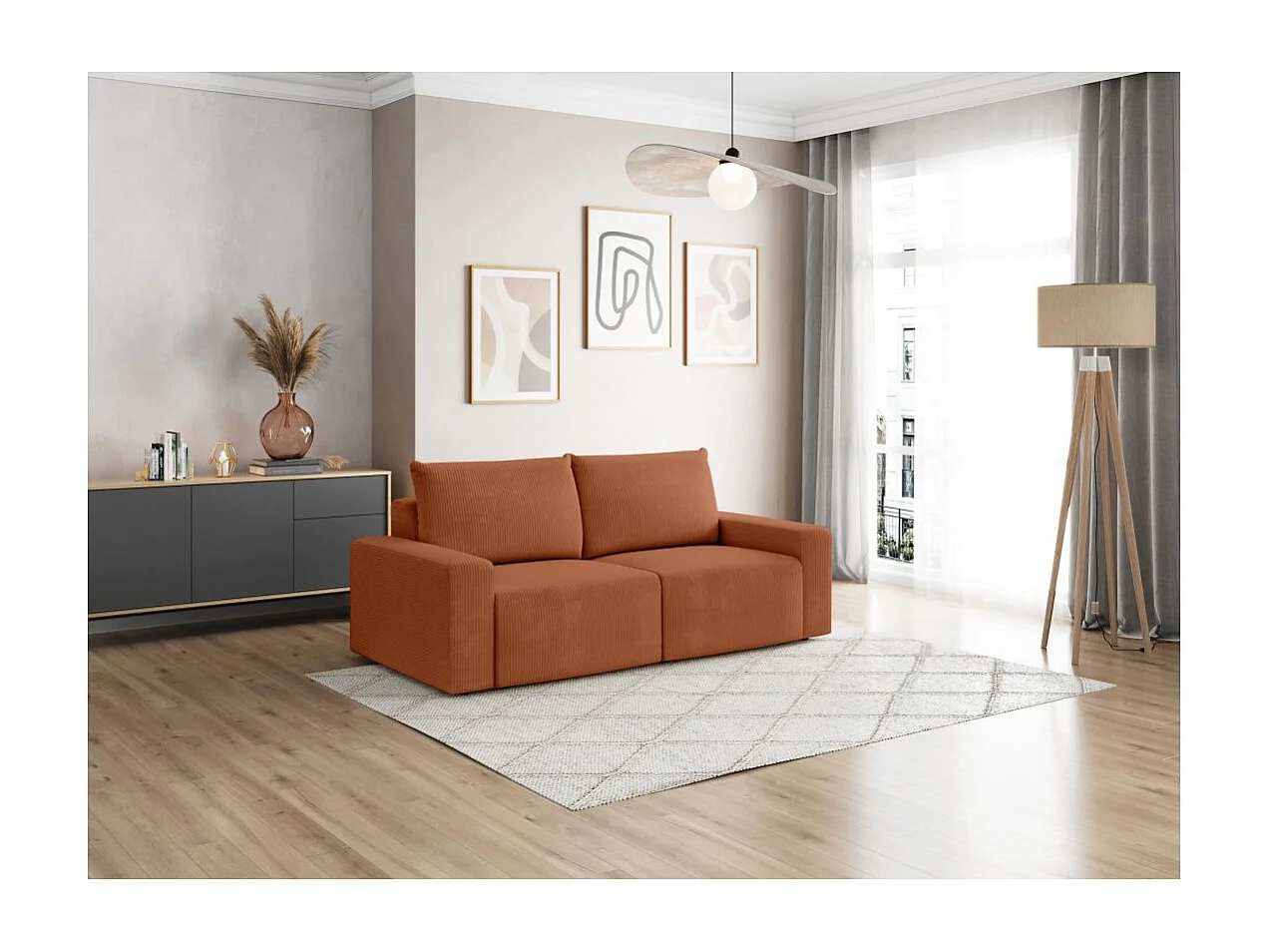 Canapé droit fixe 2 places ROMANE en velours côtelé - Terracotta