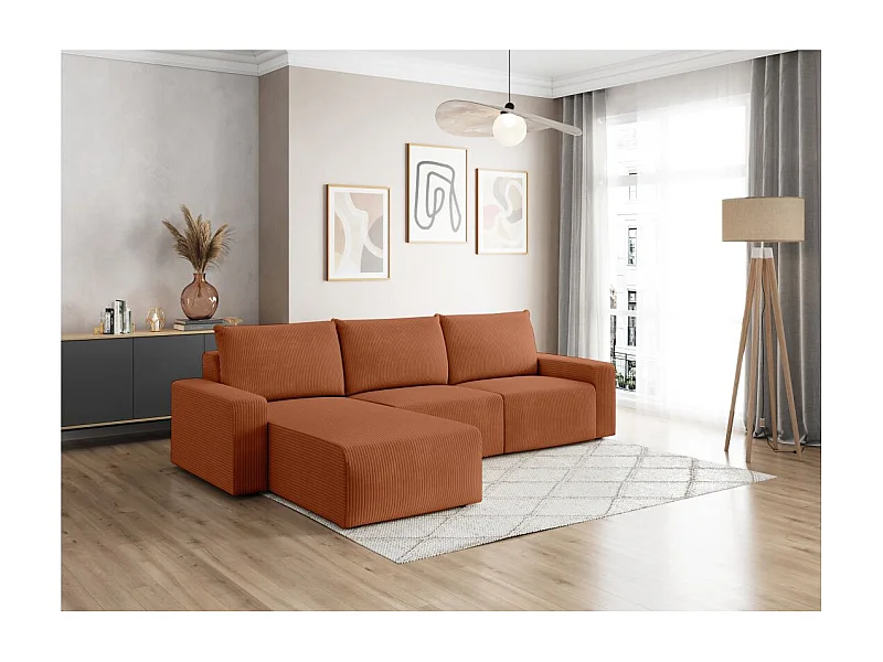 Canapé d'angle réversible 4 places ROMANE en velours côtelé - Terracotta