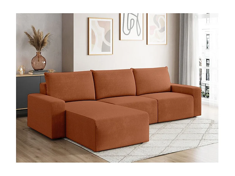 Canapé d'angle réversible 4 places ROMANE en velours côtelé - Terracotta