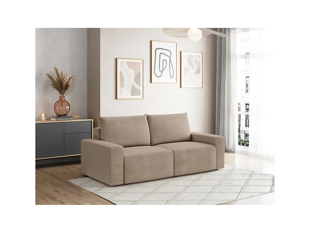 Canapé droit fixe 2 places ROMANE en velours côtelé - Taupe