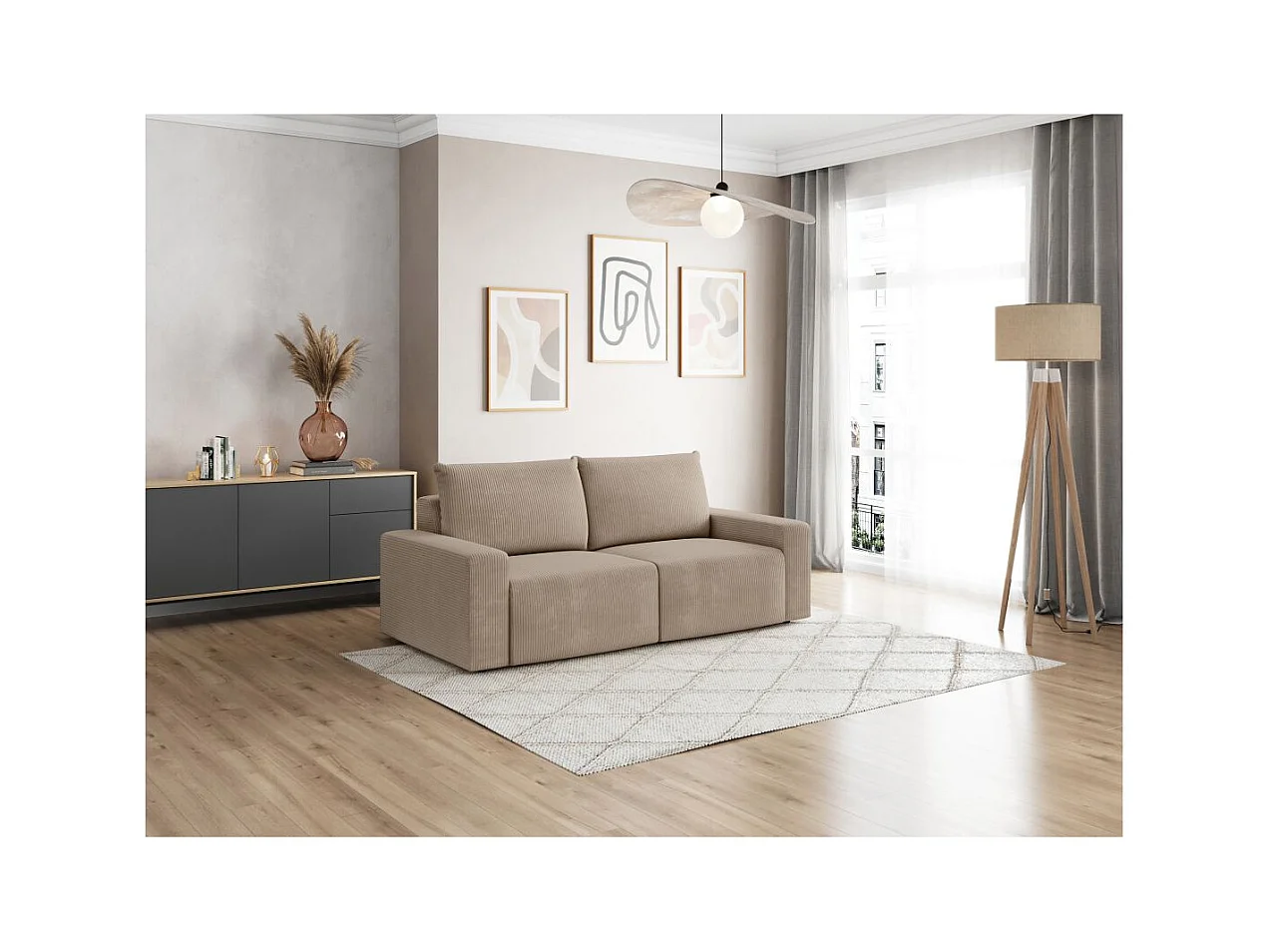 Canapé droit fixe 2 places ROMANE en velours côtelé - Taupe