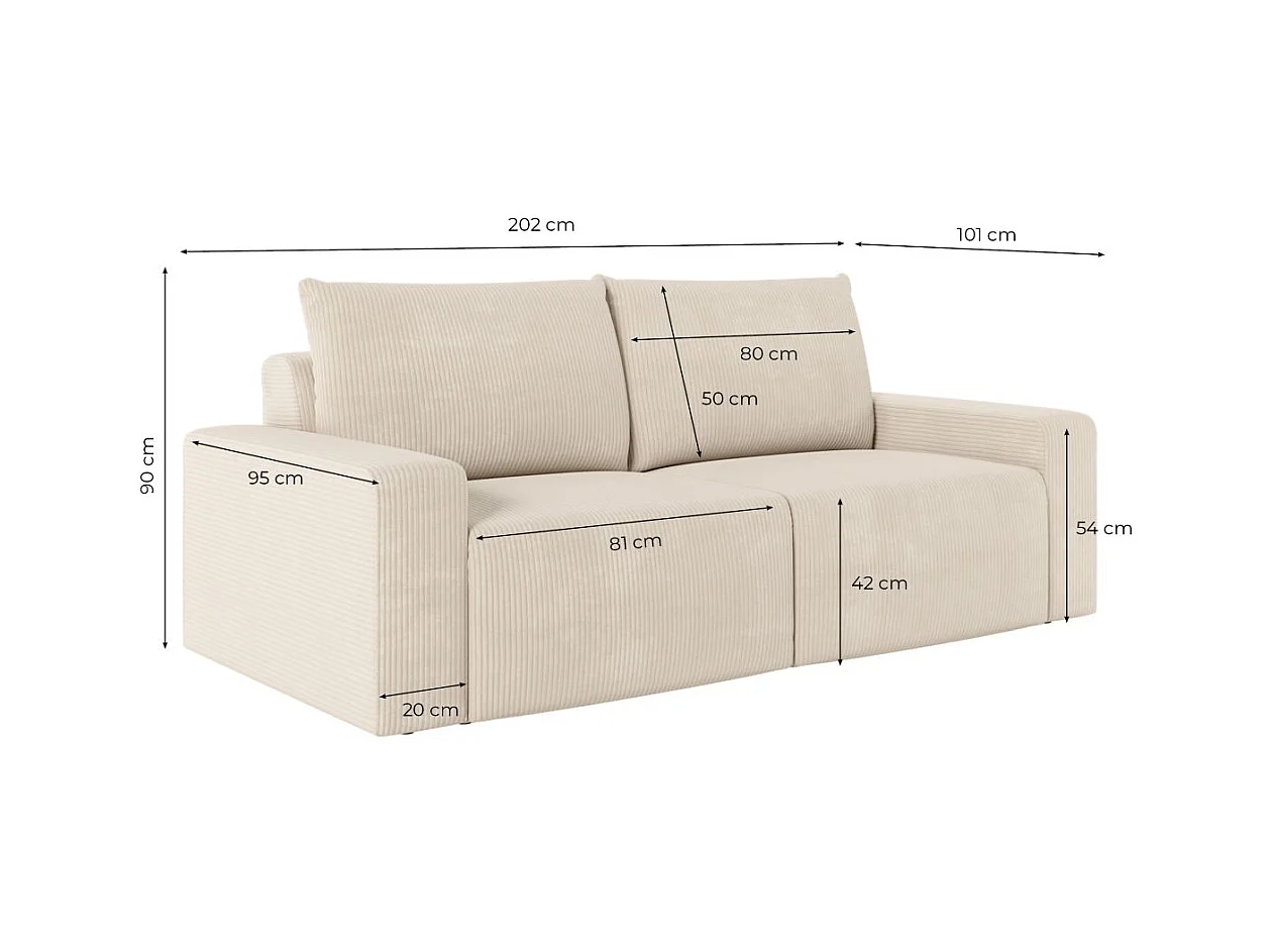 Canapé droit fixe 2 places ROMANE en velours côtelé - Taupe